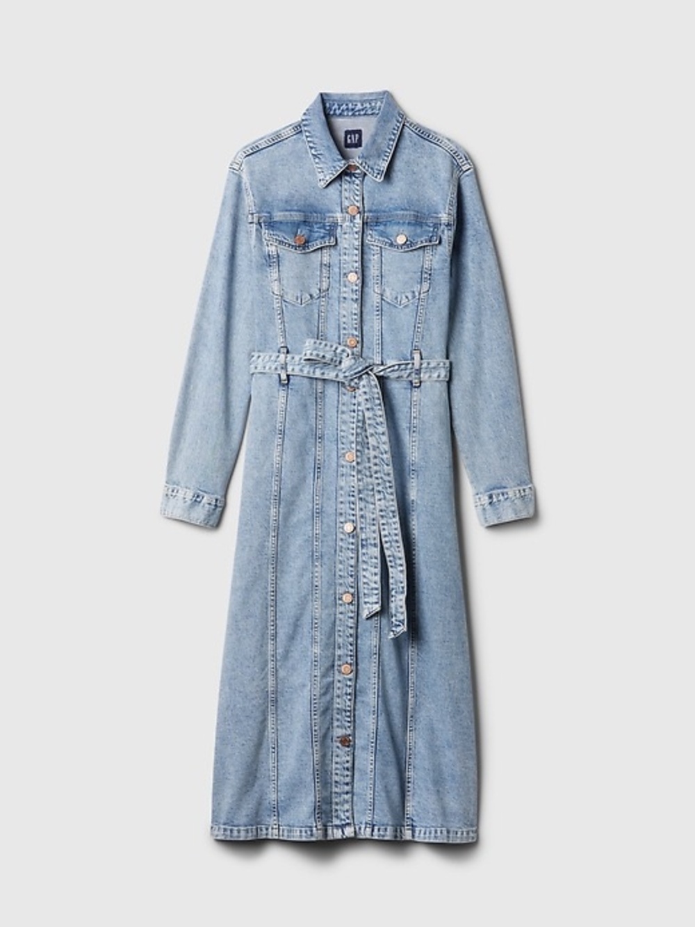 Gap Light Wash Denim Button-Front Maxi Shirt Dress Belted Size Large